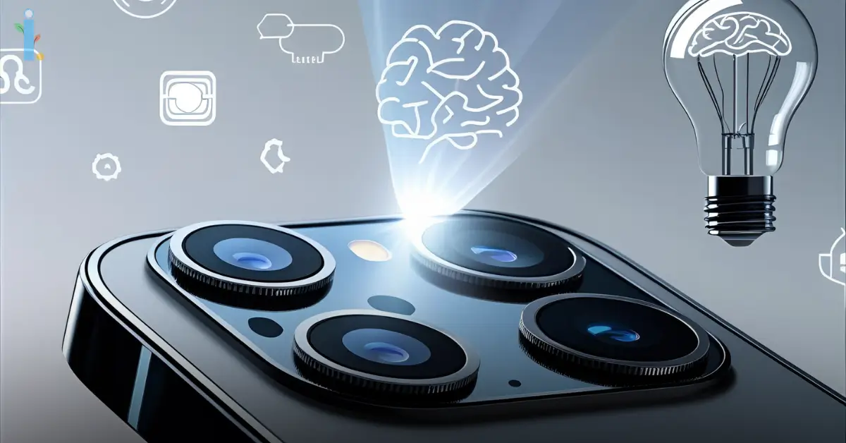 Close-up of a smartphone camera lens with abstract AI elements representing artificial intelligence features. AI Integration in Mobile Phone Cameras and Features