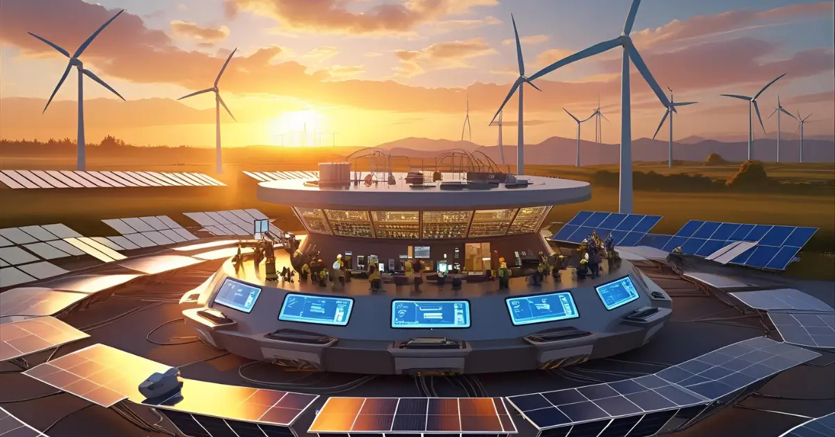 Smart grid control panel managing intermittent renewable energy sources like solar and wind.