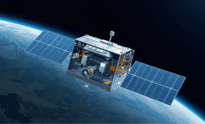 Cutaway diagram of a small satellite in low Earth orbit showing subsystems including propulsion, solar panels, and antenna array.