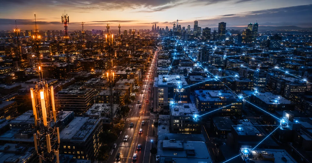 6G vs 5G network comparison showing terahertz nodes and 5G towers over a smart city