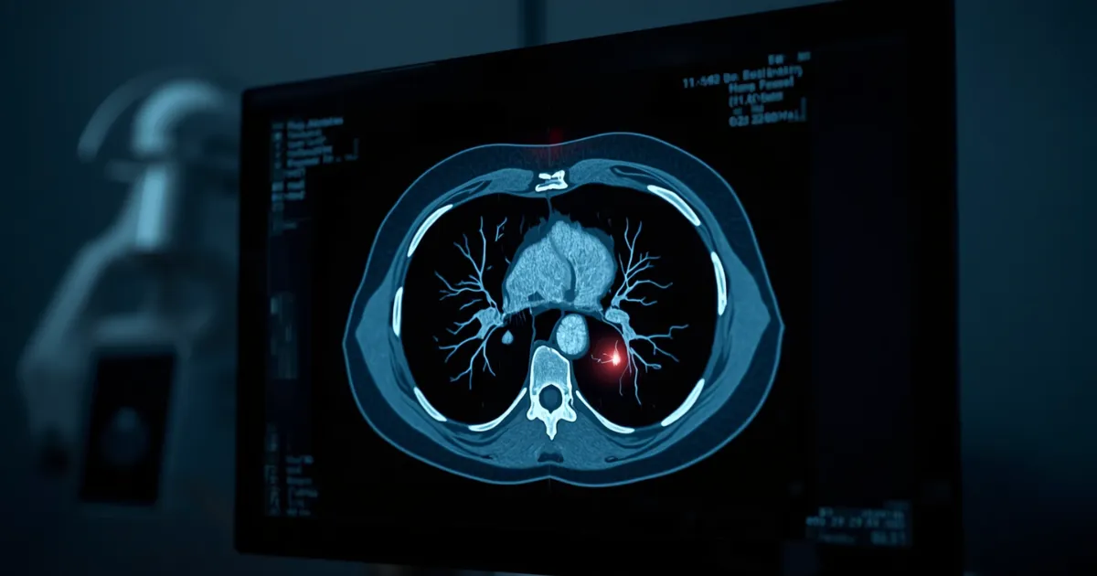 Radiology monitor showing a CT scan with an AI-highlighted region flagged for review