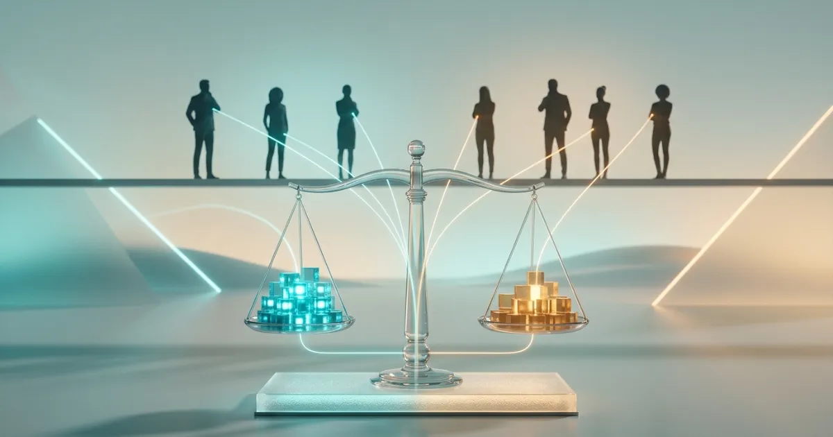 Balance scale weighing data blocks to illustrate AI ethics and bias mitigation across diverse groups.