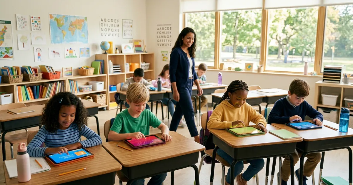 Students using AI personalized learning tools in a K-12 classroom