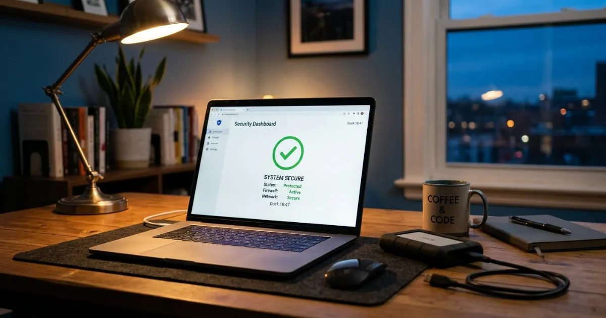 Small business owner reviewing ransomware protection dashboard with offline backup drive nearby