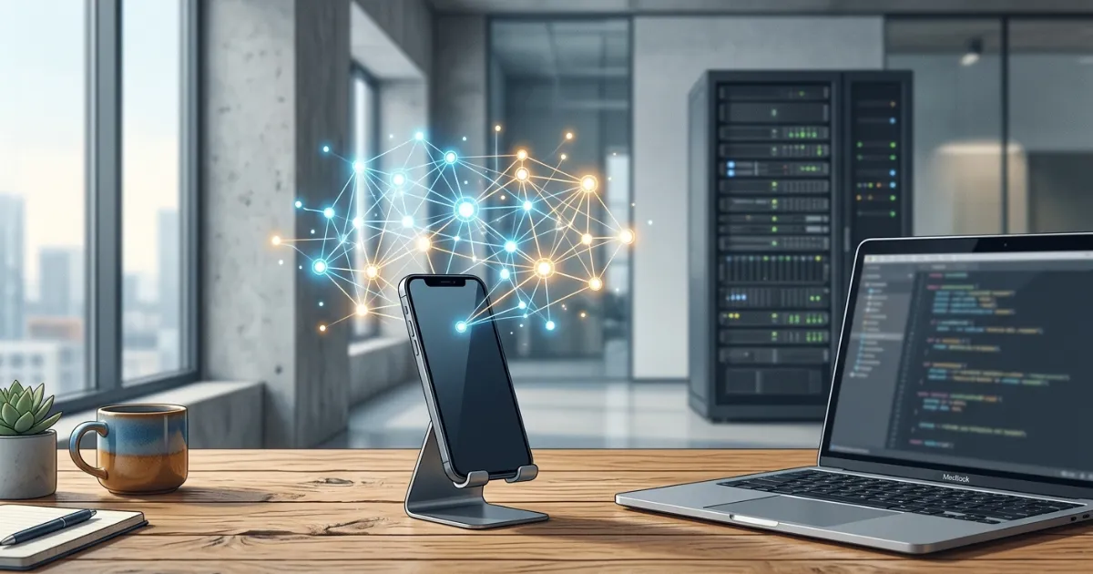 Smartphone and laptop running small language models with a large server rack in the background