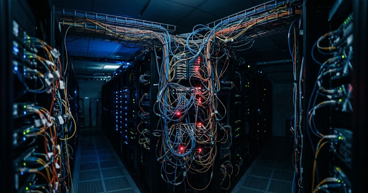 Supply chain cybersecurity vulnerabilities shown as a network of connected server nodes.