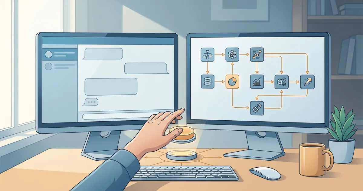 AI agents vs. chatbots shown as a simple chat window beside a branching tool workflow with an approval step