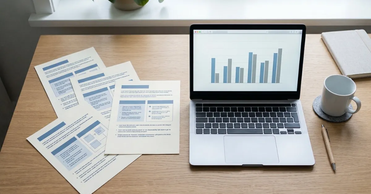 Four printed prompt variants beside a laptop showing a bar chart that compares prompt engineering techniques